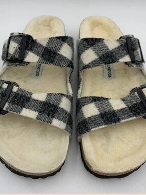 Birkenstock Arizona Shearling Plaid White Rivet Wool Narrow Width Sandals